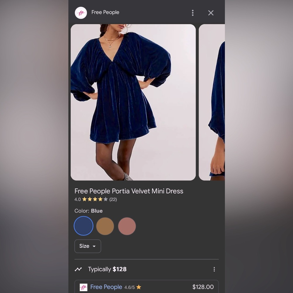 Free People velvet dress “midnight rain” color… flowy…pockets…deep V